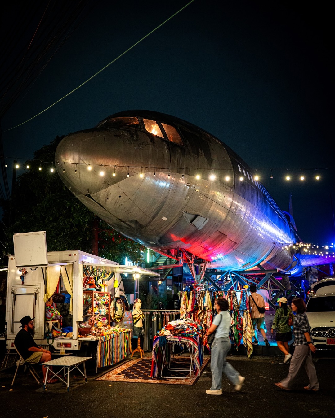 Chang Chui Plane Night Market in Bangkok with airplane attraction and creative market setup