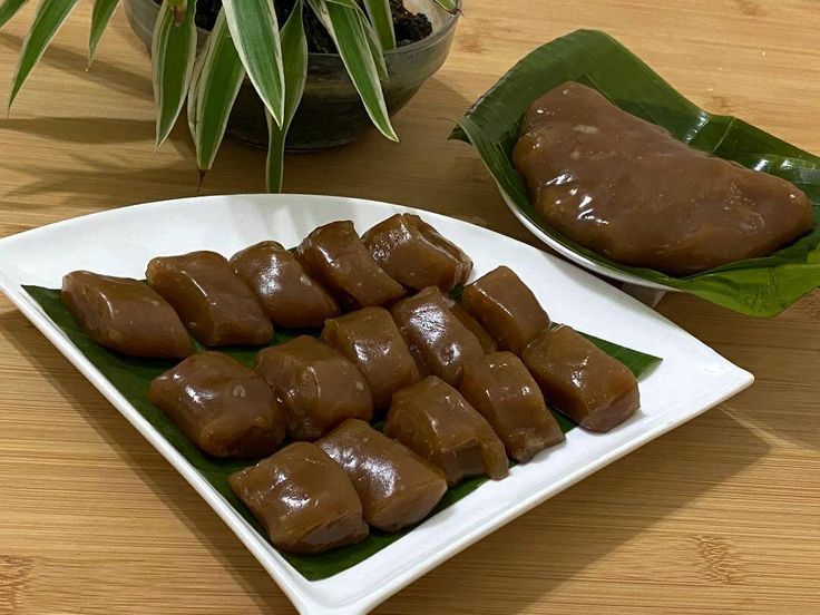 Traditional Malaysian dodol sweet served on banana leaf