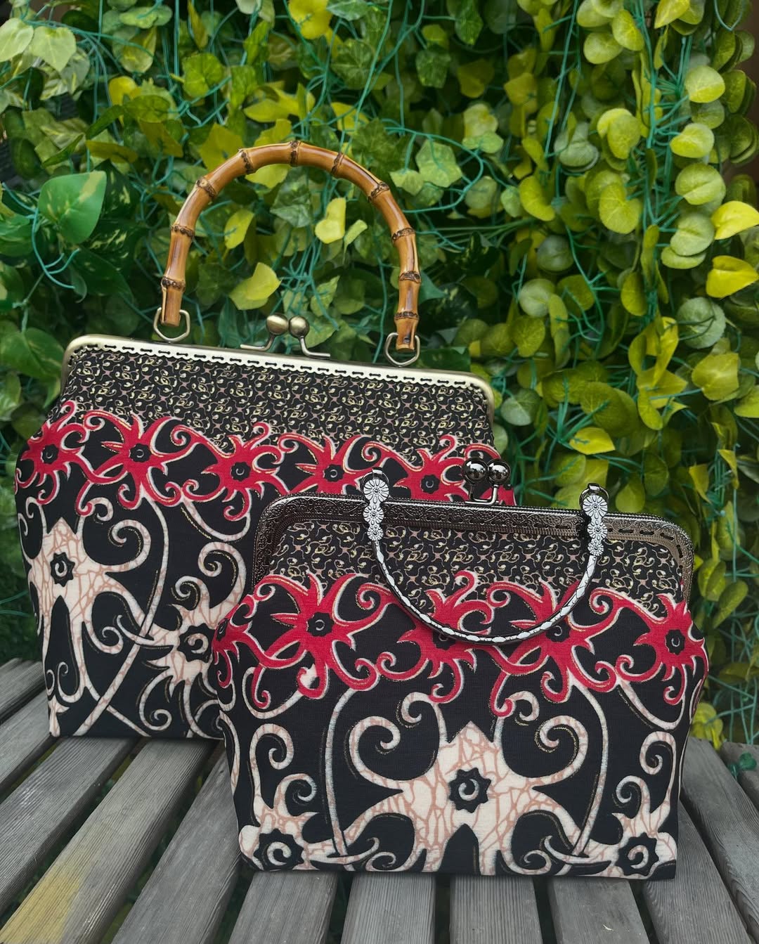 Traditional Malaysian batik handbags with bamboo handles