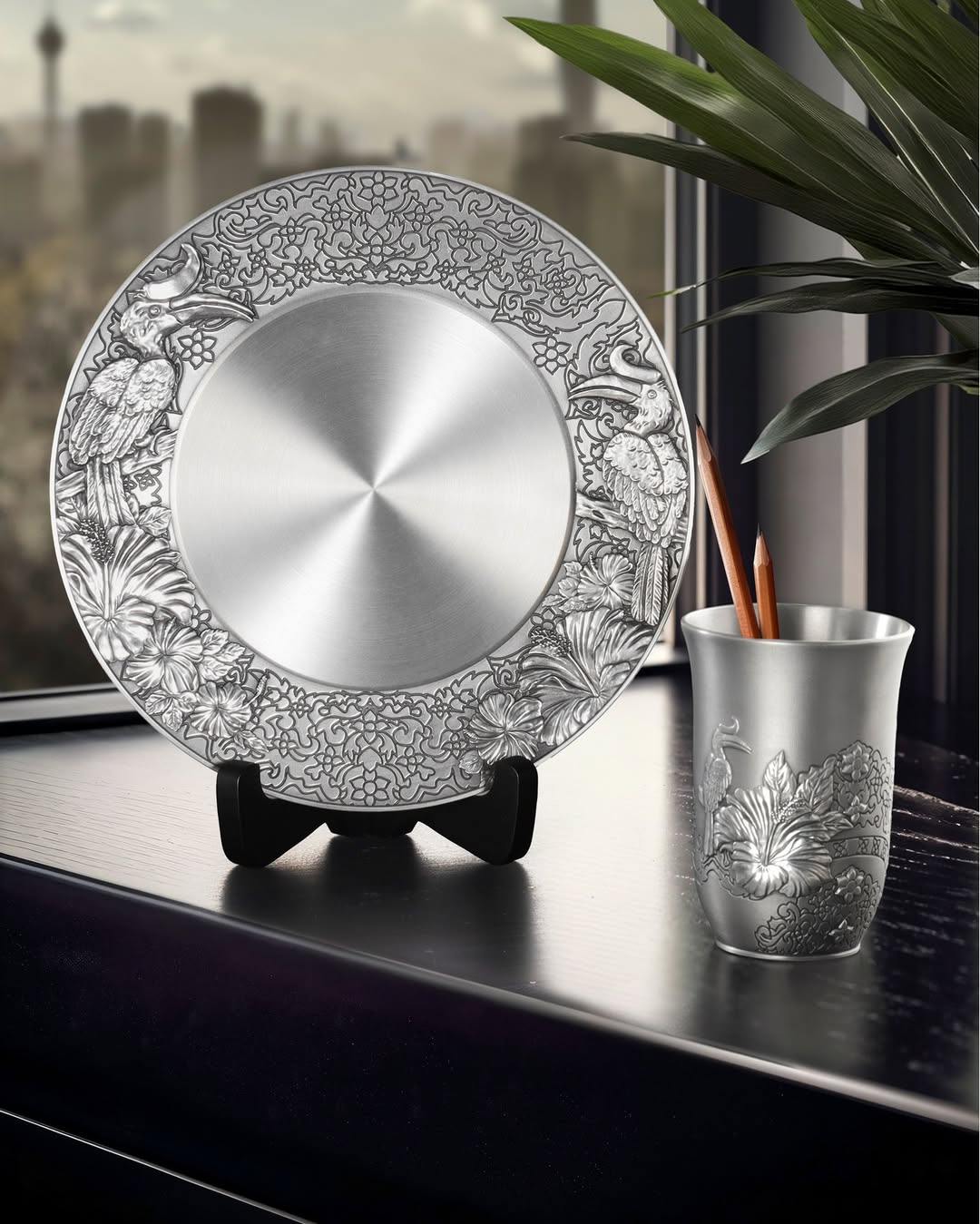 Malaysian pewter decorative plate and cup display